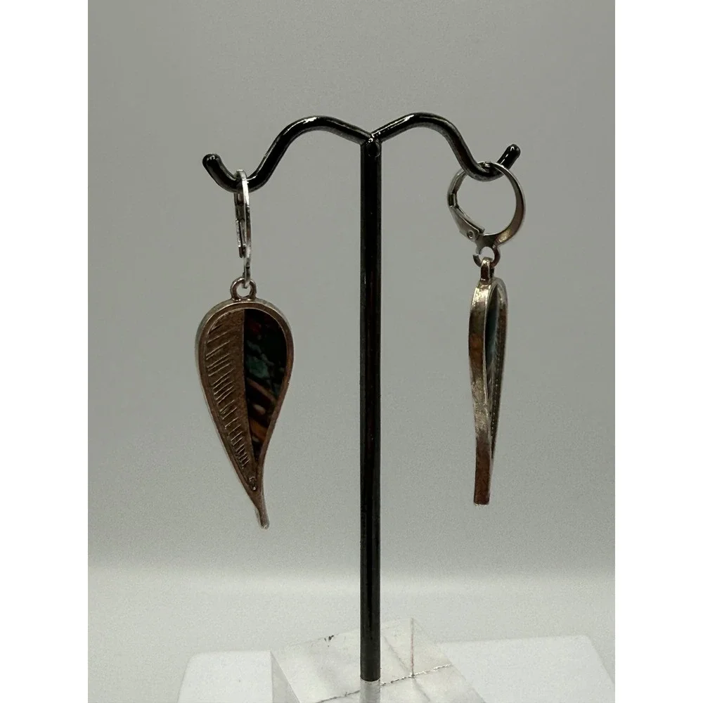 Silver Tone Leaf Drop Earrings Multi Color Inlay Leverback Bohemian Nature Style